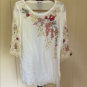 Johnny Was White Blouse with Red and Gold Embroidery